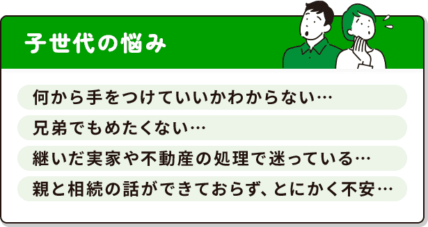 子世代の悩み：何から手をつけていいかわからない、兄弟でもめたくない、継いだ実家や不動産の処理で迷っている、親と相続の話ができておらず不安